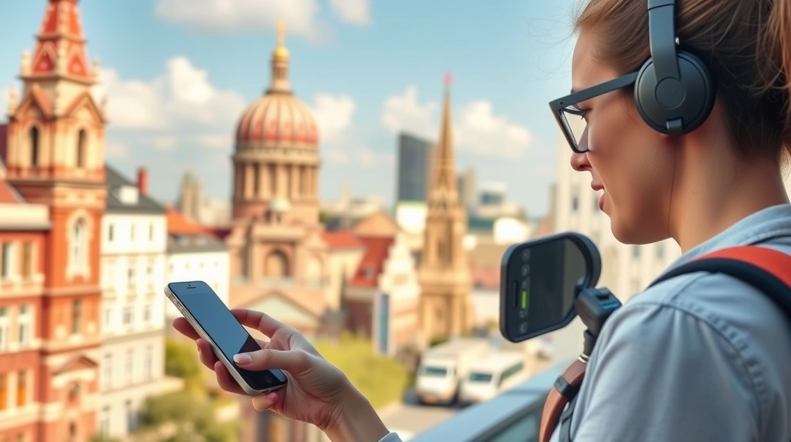 Utazó nő mobiltelefonon keres olcsó eSIM internetet külföldön.