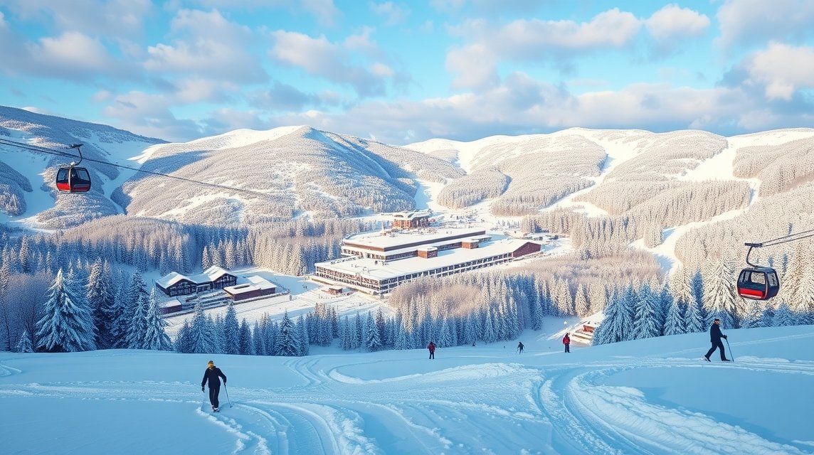 Téli síparadicsom, felvonóval és síelőkkel, hóval borítva