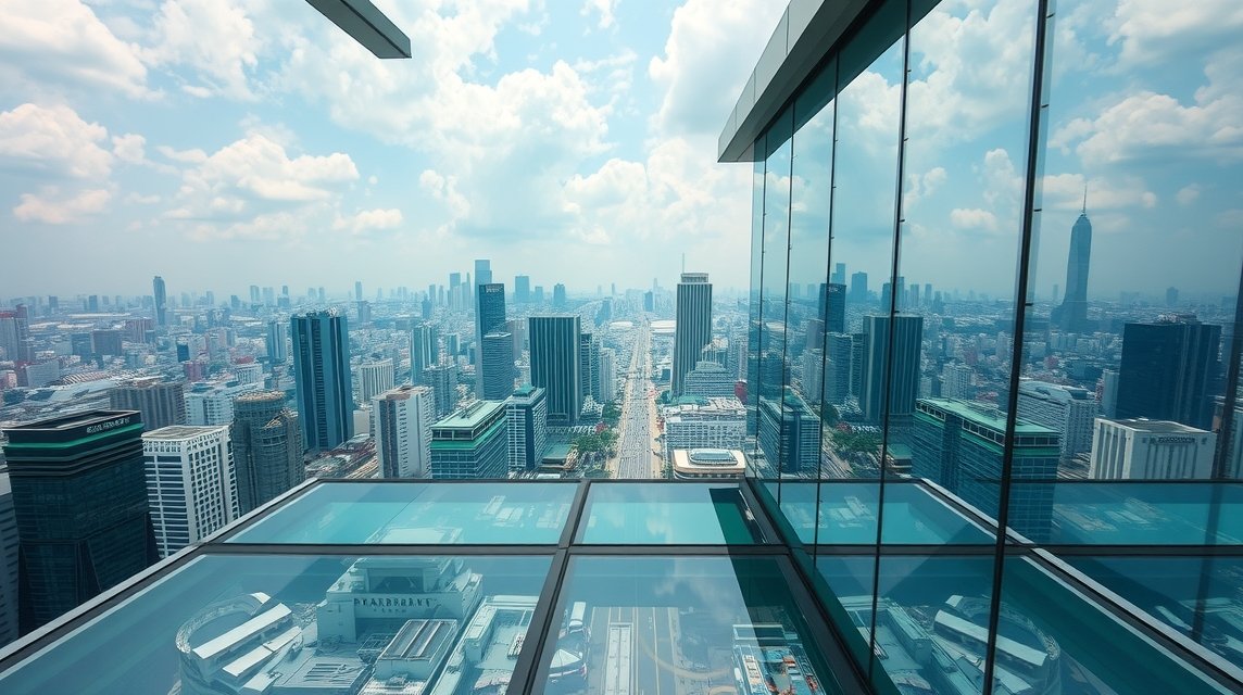 Kilátás Bangkok városára a Mahanakhon SkyWalk üvegpadlójáról