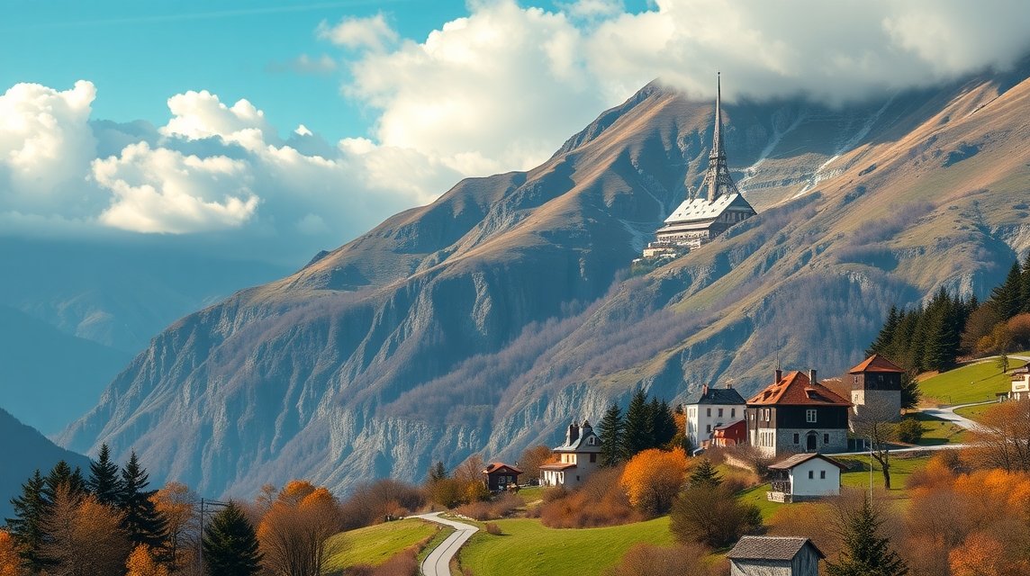 Festői táj Liechtensteinben, hegyek és hagyományos házak.