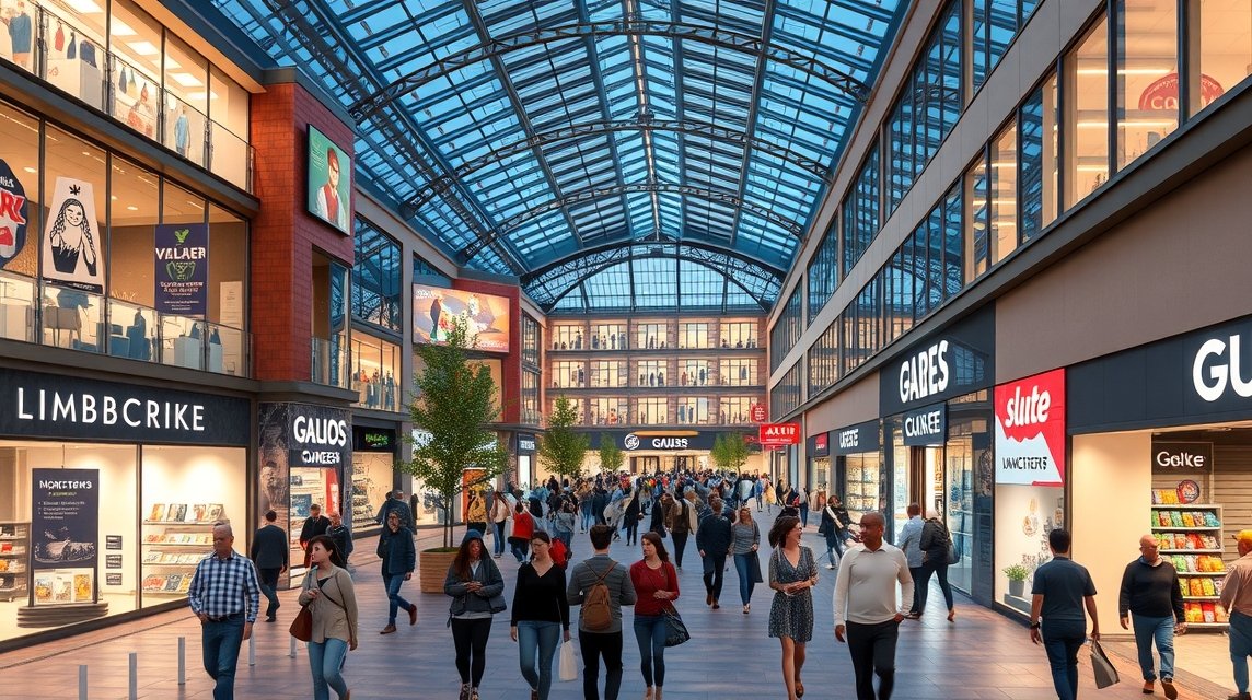 A Limbecker Platz bevásárlóközpont belső tér, sok vásárlóval és üzletekkel.