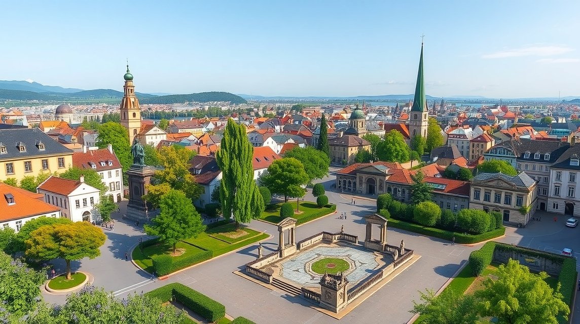 Lindenhof tér Zürichban, történelmi városnegyed panorámája.