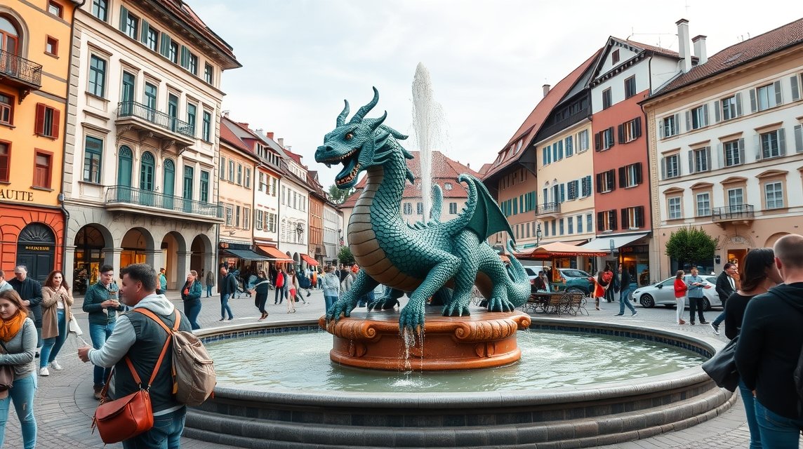 Lindwurmbrunnen - Klagenfurt híres sárkánykútja a város központjában.