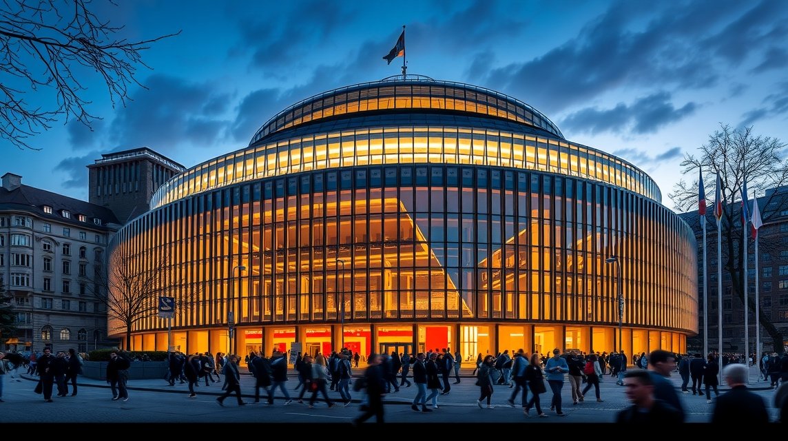 Lipcse látnivalók - A Gewandhaus koncertterem 1 A Gewandhaus koncertterem Lipcsében, éjszakai fényekben