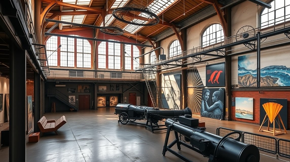 Lipcse Spinnerei kiállítótere művészeti alkotásokkal.