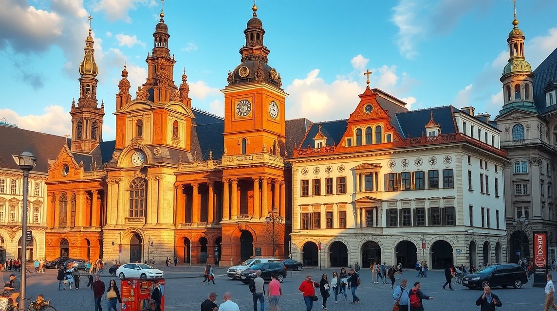Lipcse városi tér, barokk épületek és óratorony háttérben.