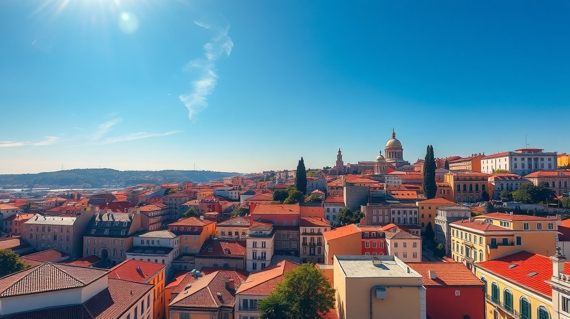 Lisszabon városának panorámaképe napfényben.