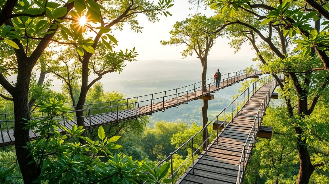 Lombkorona sétány a fák között, csodás panorámával
