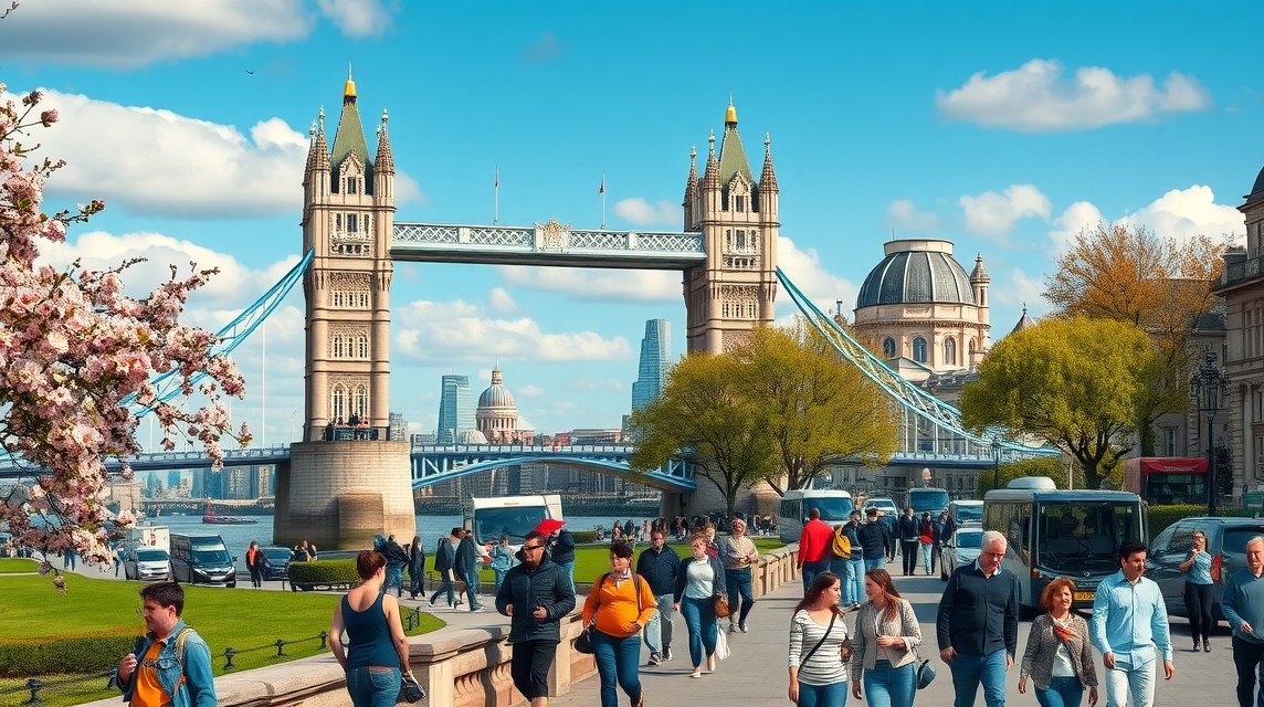 London Tower Bridge tavaszi hétvégén, látogatók a folyónál.