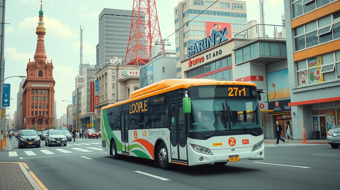 Loople Sendai turistabusz közlekedés közben Japán városában.