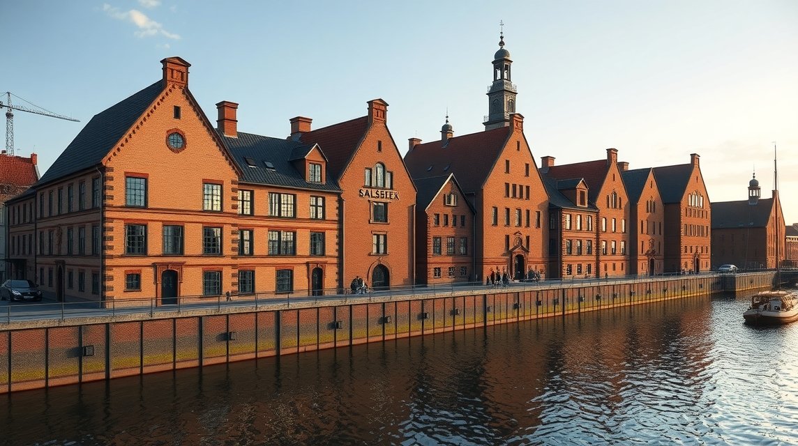 Lübeck Salzspeicher vöröstégla raktárak a Trave folyópartján