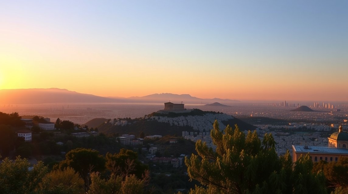 Naplemente a Lükabéttosz-hegyről, lenyűgöző panoráma Athénra