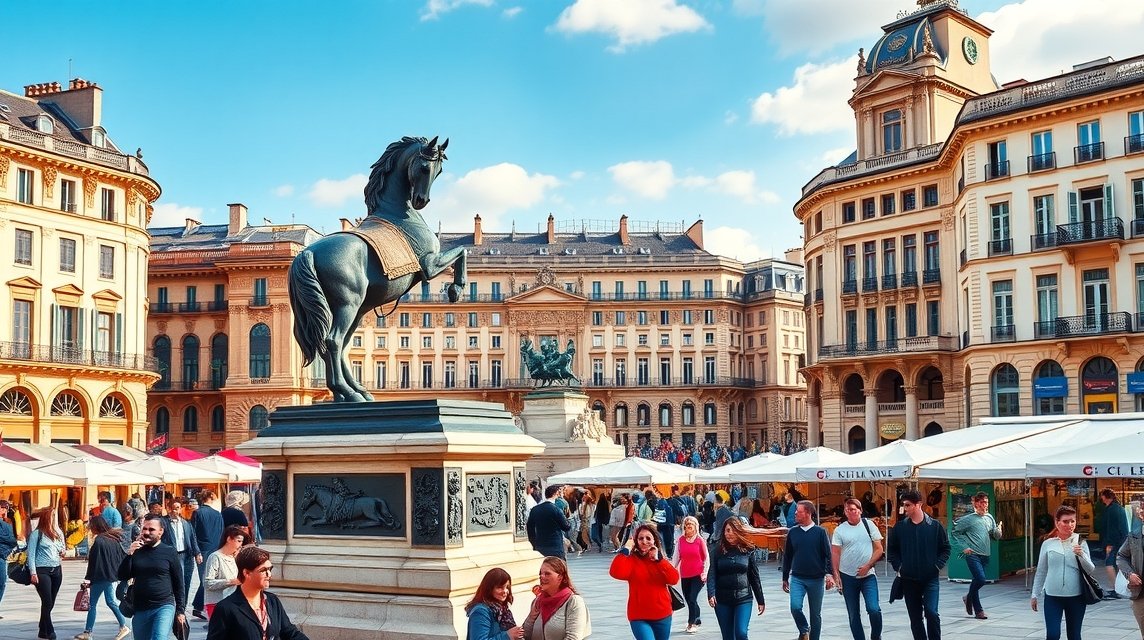 A XIV. Lajos szobra a Lyon központi Place Bellecour térén.