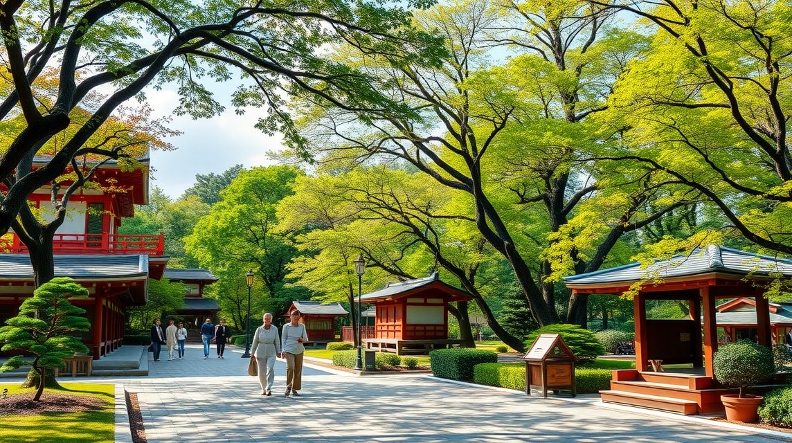 Séta a Dogo Parkban, Macujama gyönyörű fáival és házaival.