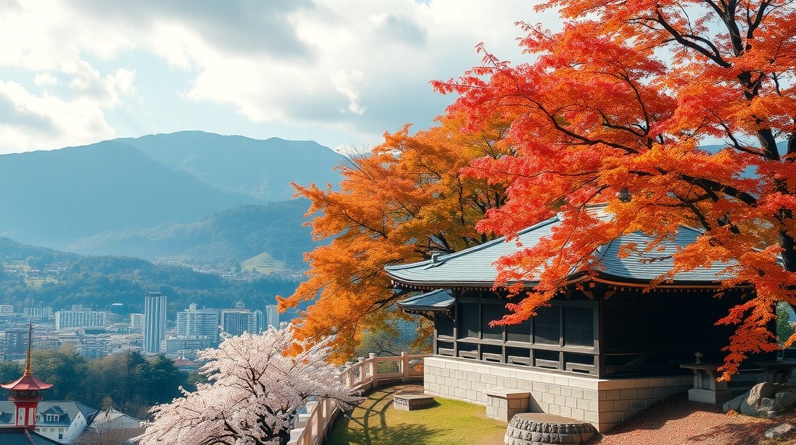 Tavaszi és őszi Macujama látképe színes fákkal és hegyekkel.