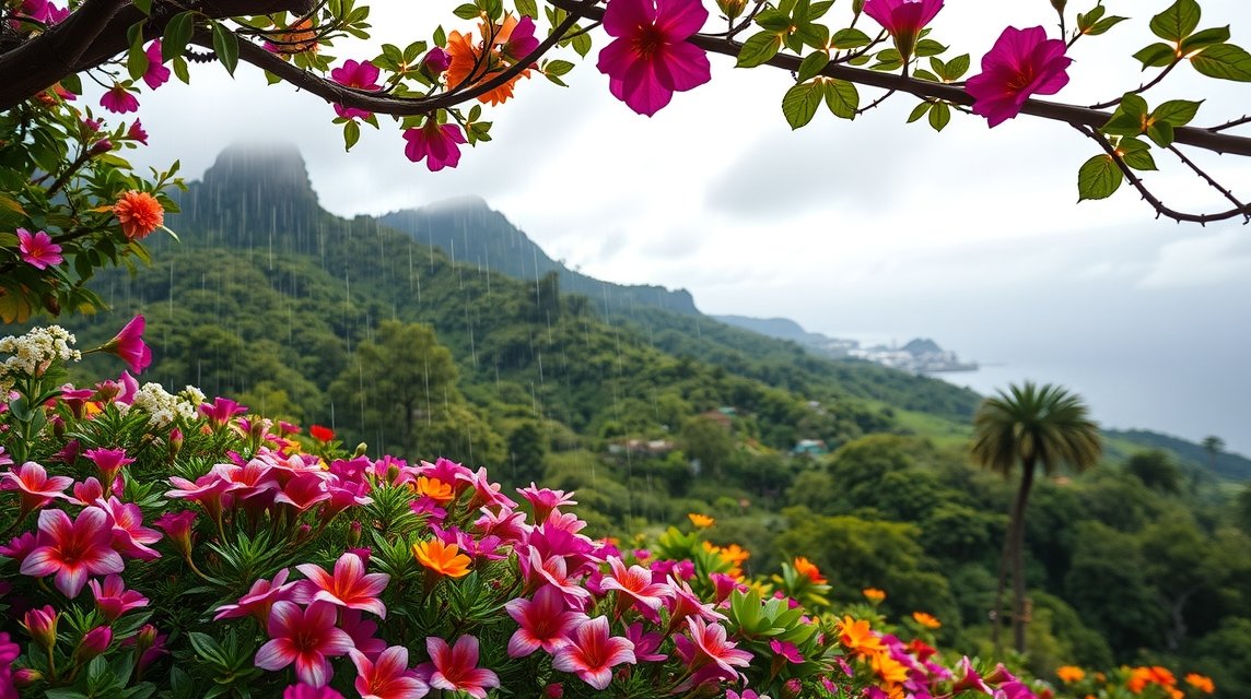Tavaszi virágzás Madeira szigetén esővel és hegyekkel