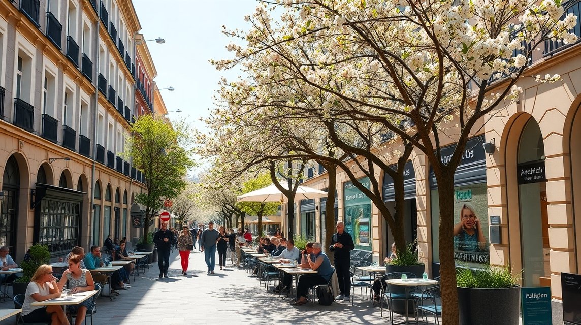 Tavaszi utcai jelenet Madridban virágzó fákkal és éttermekkel.