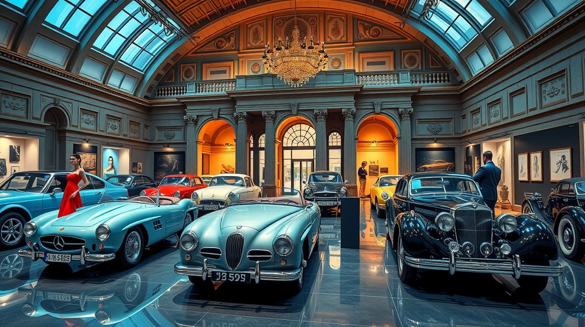 Az Autómúzeum gyönyörű veterán autói belső térben.