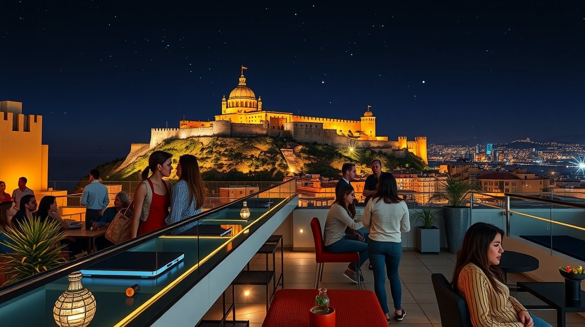 Kilátás a Málaga-i várra tetőteraszon, éjszaka