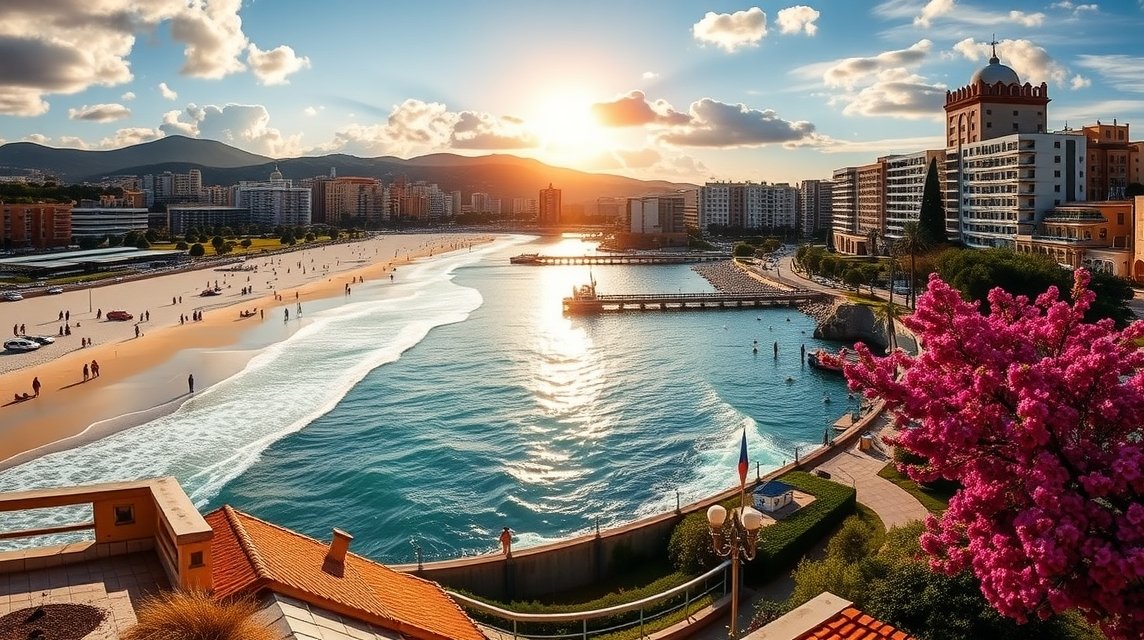 Málaga naplemente, strand és városkép - ideális utazási célpont.