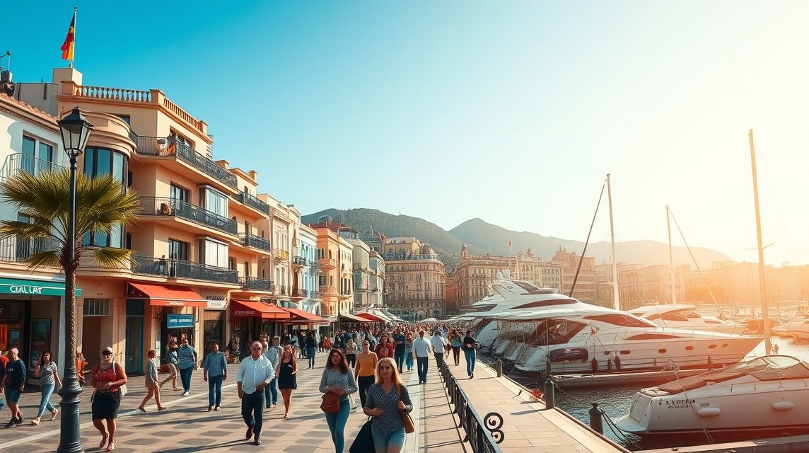 Málaga kikötői sétánya tele éttermekkel és butikokkal