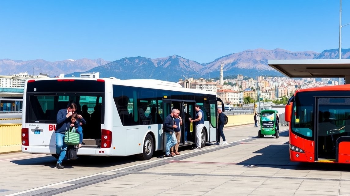 Helyi buszok Malaga városában, utasok felszállással