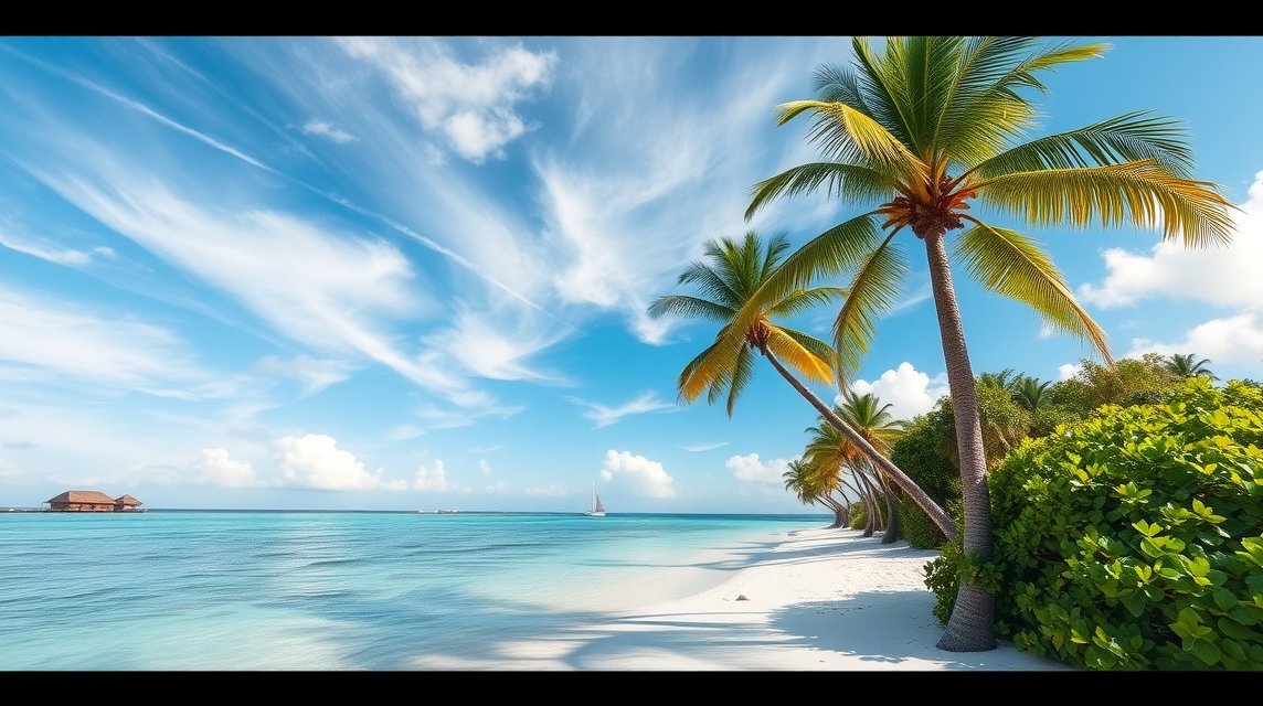 Gyönyörű trópusi táj a Maldív-szigeteken, kék víz és pálmafák.
