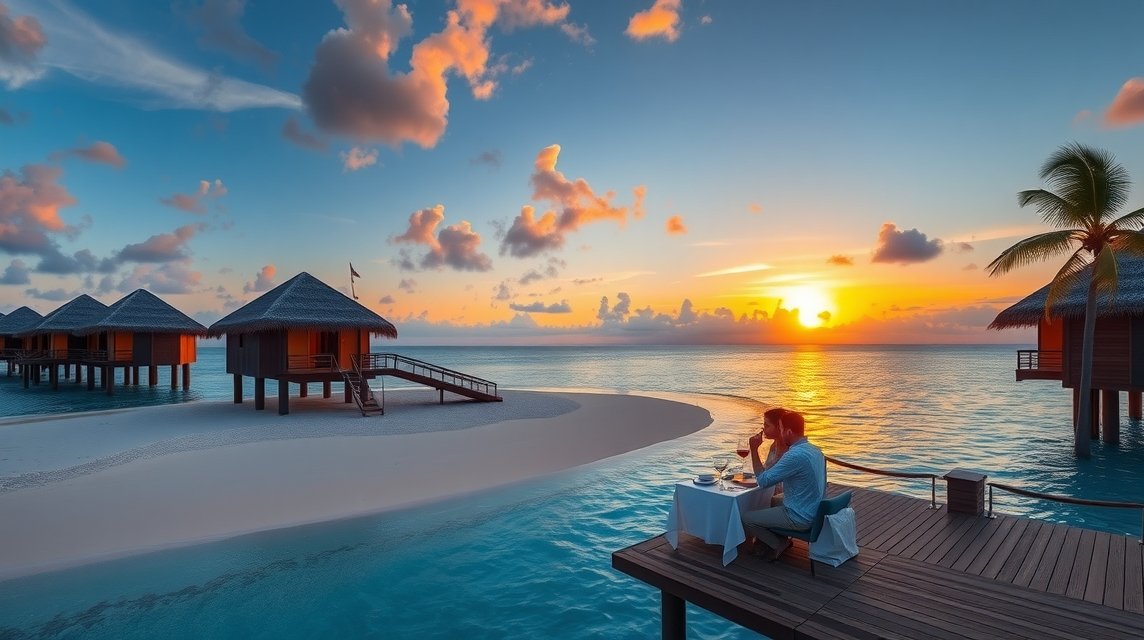 Romantikus vacsora a Maldív-szigeteken naplementében