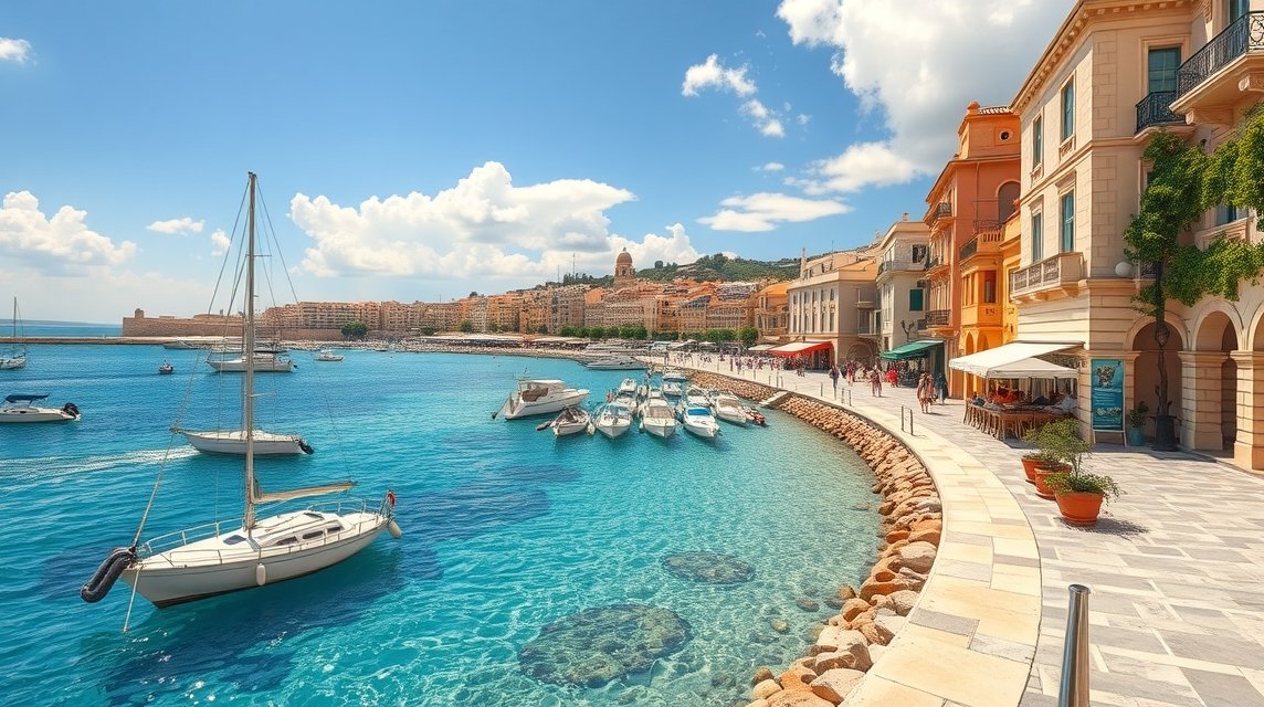 Málta gyönyörű partszakasza hajókkal és színes épületekkel