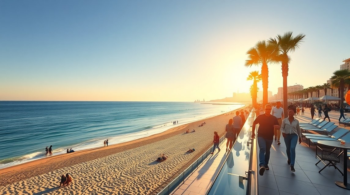 Malvarrosa tengerpart Valencia, gyönyörű naplemente és sétány