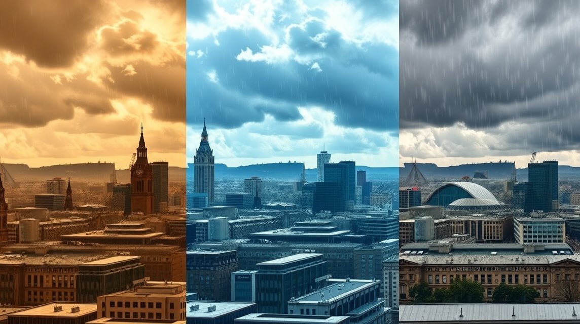 Manchester különböző időjárási viszonyai városi panorámán.