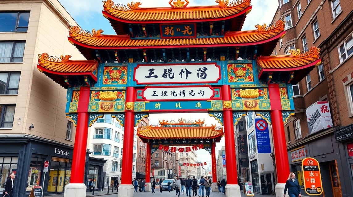 Manchester kínai negyedének impozáns kapuja gazdag színekben és formákban.