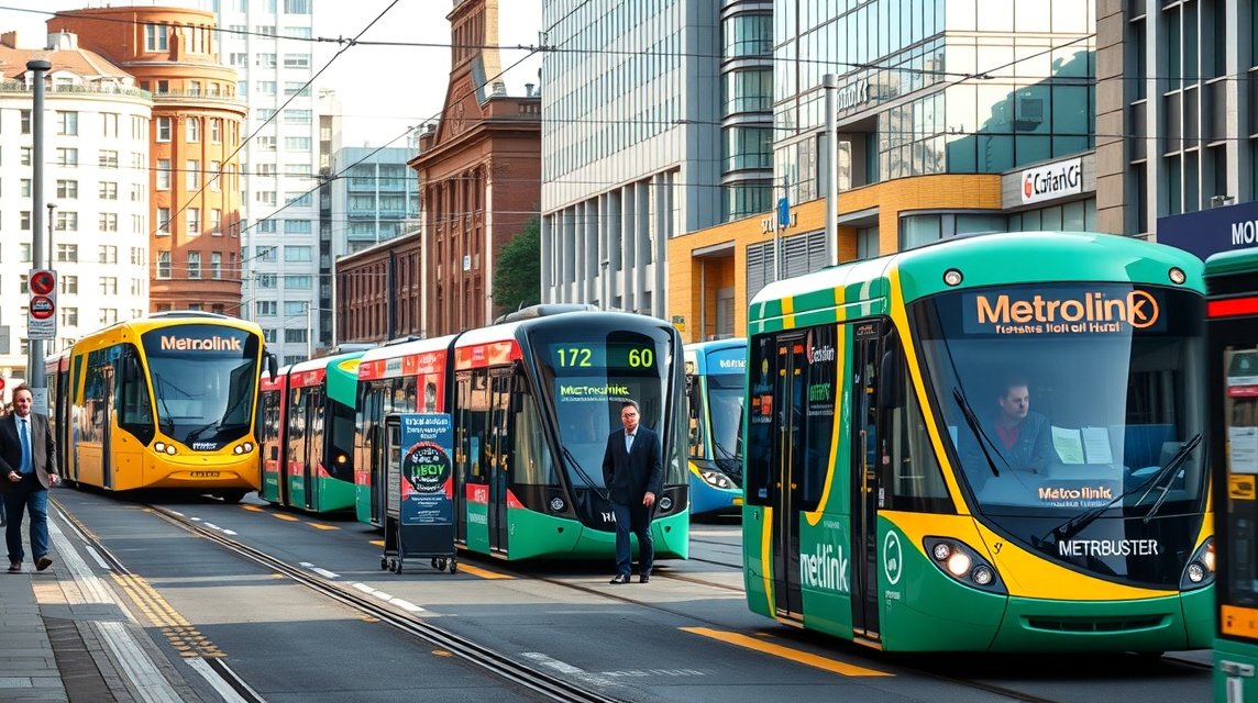 Metrolink villamosok Manchester belvárosában, forgalmas közlekedés