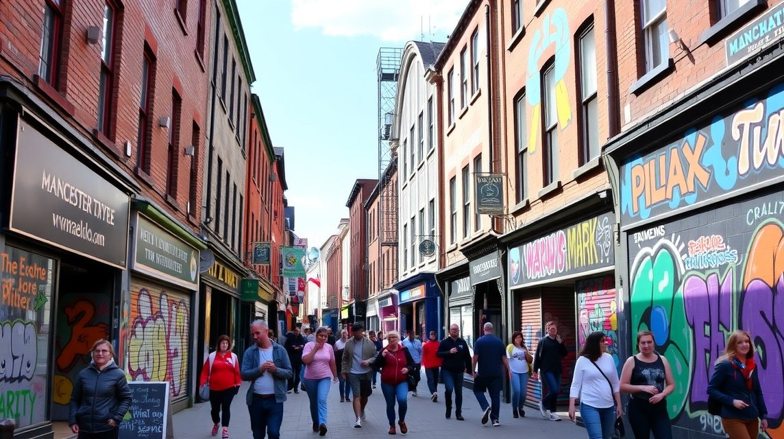 Manchester Northern Quarter utcai művészete élénk graffitikkel és galériákkal.