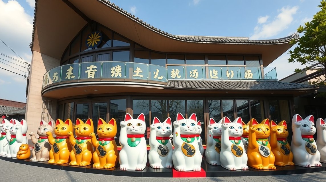 Okayama látnivalók - Manekineko (Integető macska) Művészeti Múzeum 1 Manekineko (Integető macska) Művészeti Múzeum Okayamában, Japánban.