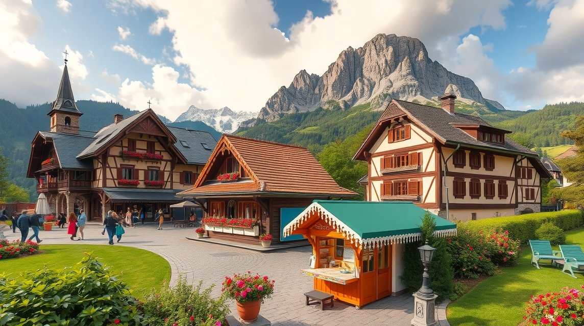 Mariazell kultikus környezete a Bürgeralpe lábánál, színes házakkal.