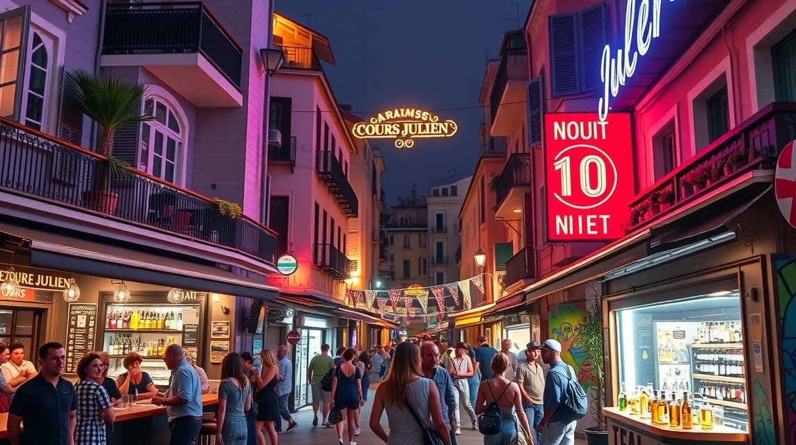 Cours Julien éjszakai jelenet, élénk bárok és emberek Marseille-ben.