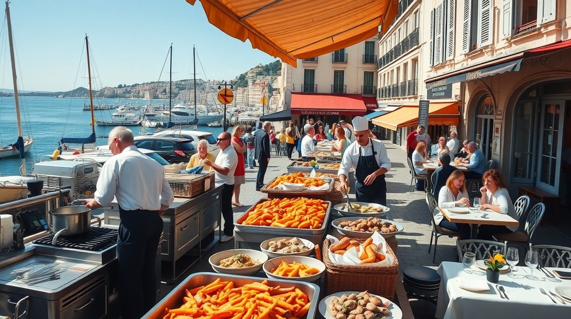 Francia tenger gyümölcsei és bouillabaisse éttermek Marseille kikötőjében.