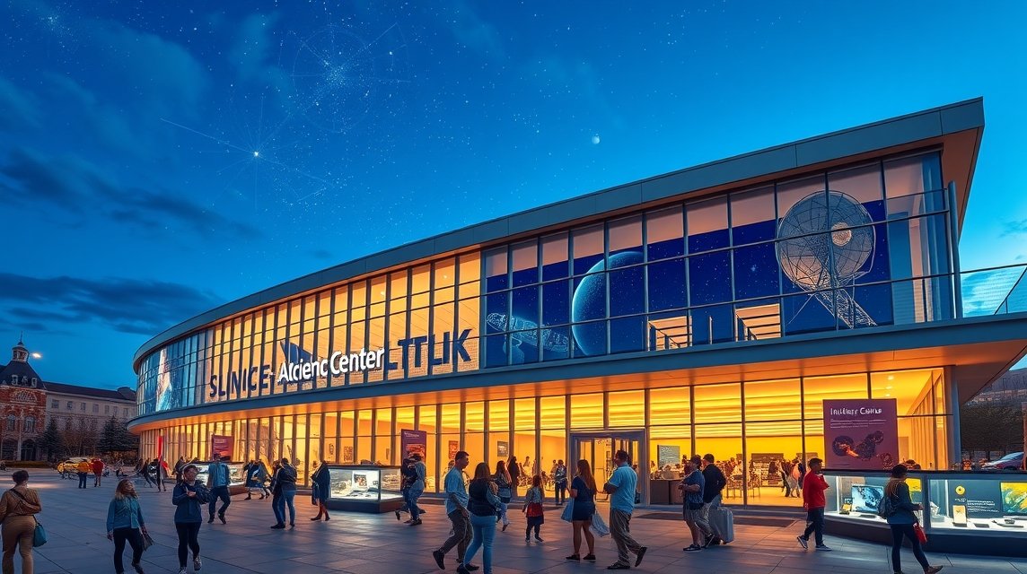 A Marylandi Tudományos Központ épülete Baltimore-ban este.