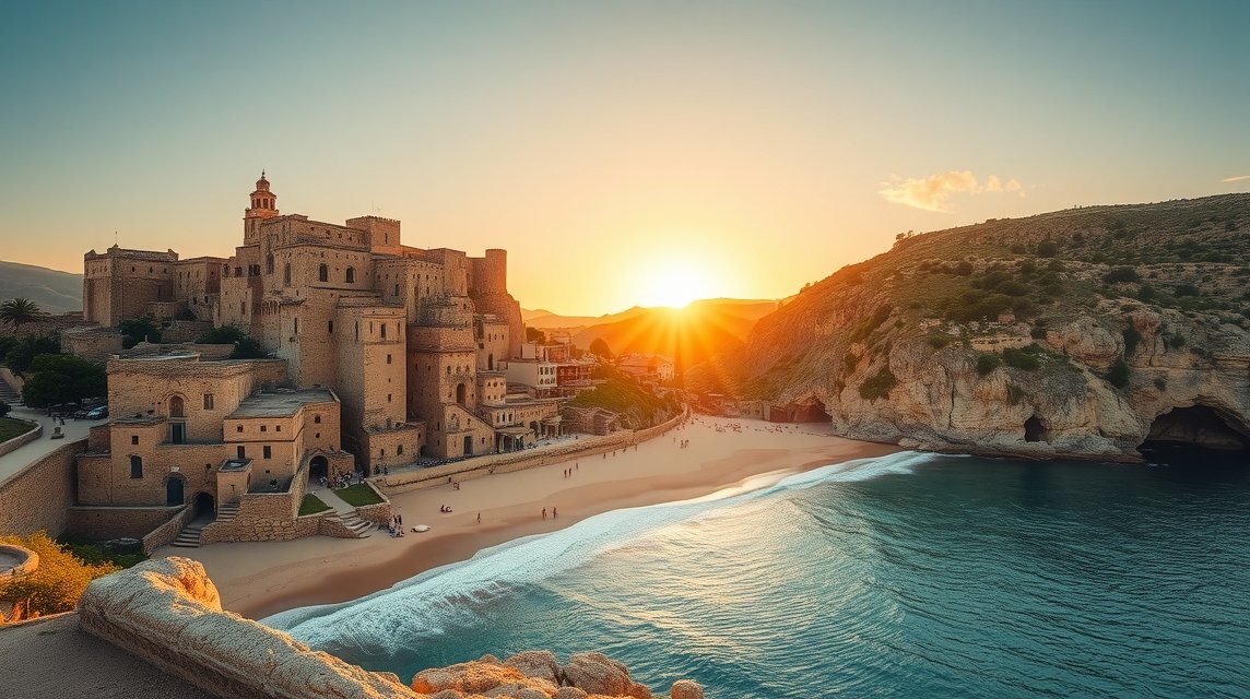 Naplemente a tengerparton egy történelmi várral Matera közelében