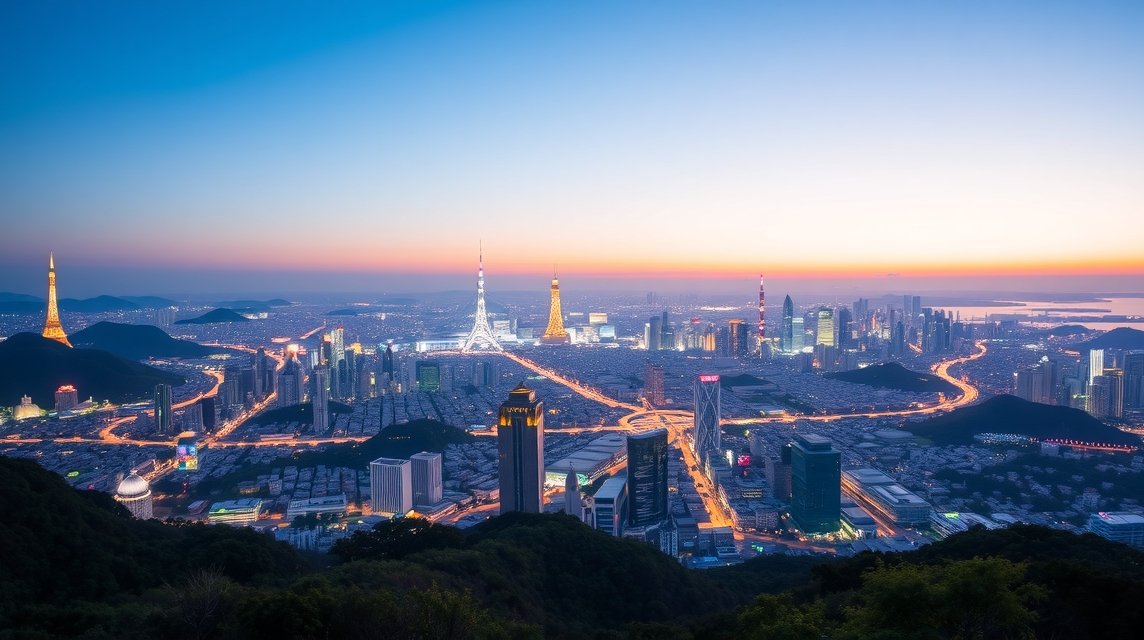 Kóbe látnivalók - Maya-hegy és a "tízmillió dolláros kilátás" 1 Kóbe város panorámája a Maya-hegyről, késő esti fényekben.