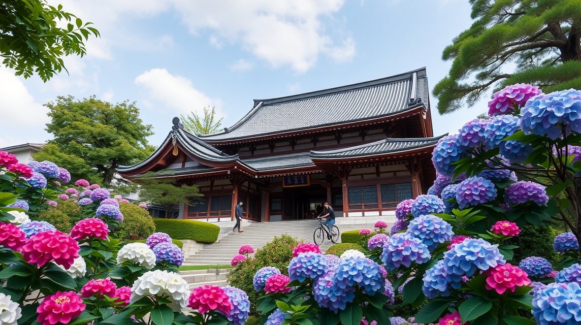 Meigetsu-in templom és hortenzia virágok Kamakurában, Japánban.