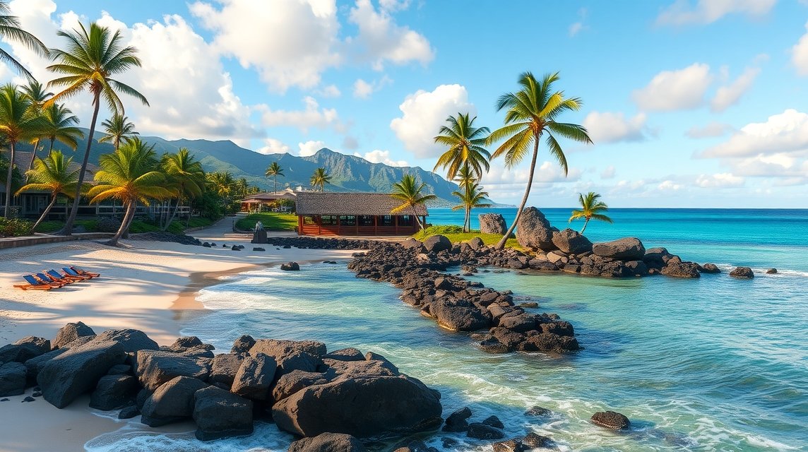 Hawai'i tengerparti táj, pálmafák és nyugodt vizek