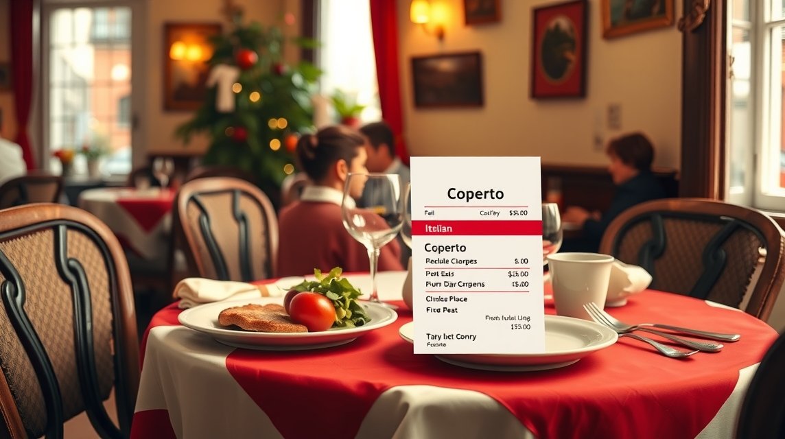 Olasz étterem számla coperto díjjal, étkezési asztal háttérrel.