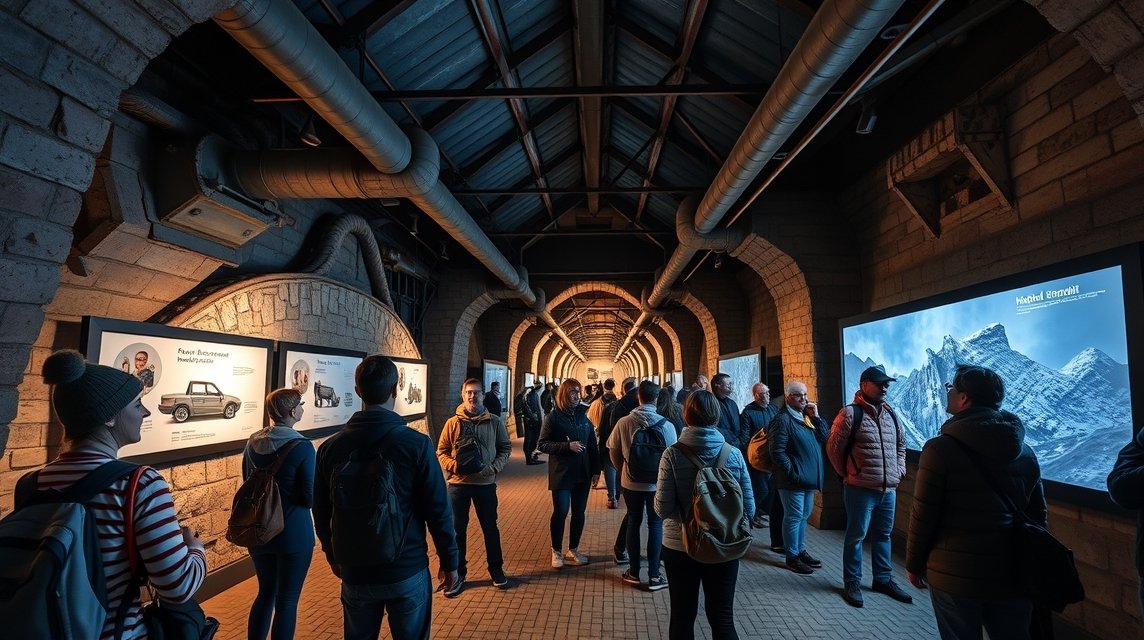 Látogatók a Michal bányai kiállításon Ostravában, Csehországban.