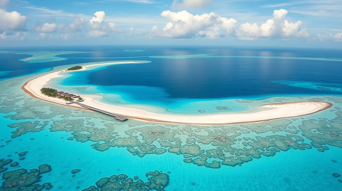 Gyönyörű trópusi strand a Maldív-szigeteken tiszta vízzel és korallzátonyokkal.