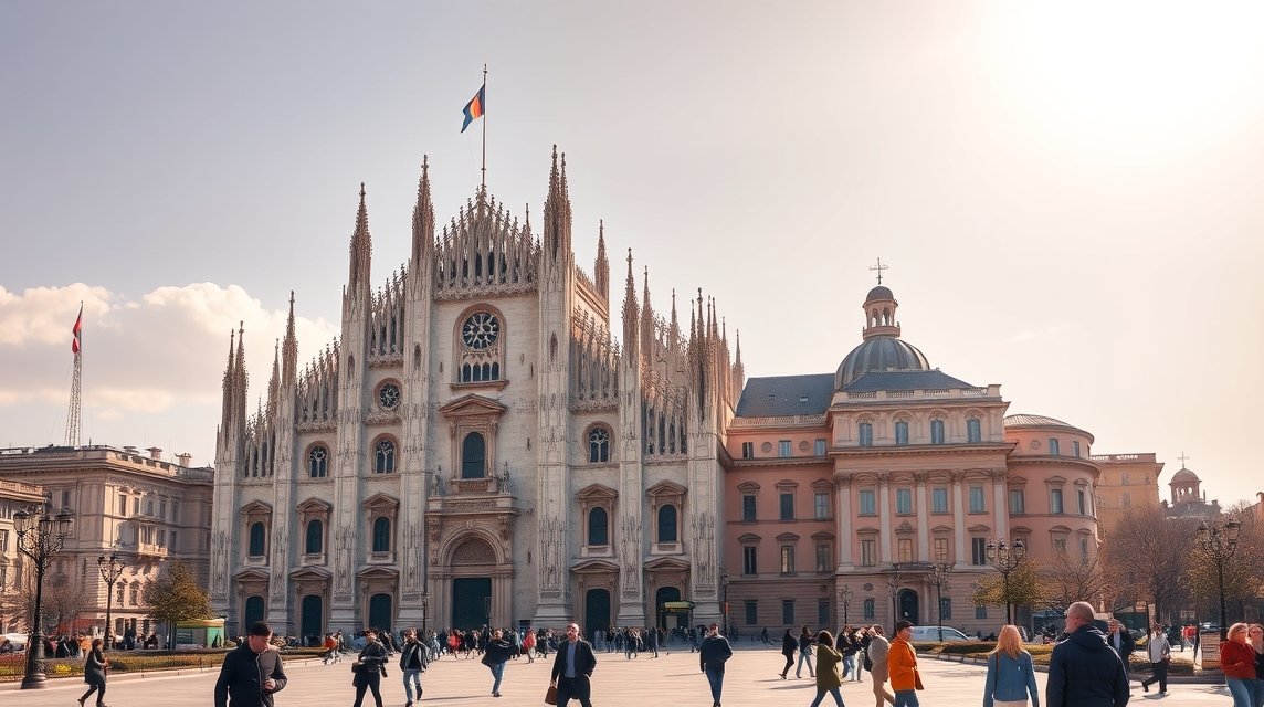 Milánói Dóm a város szívében, turisták sétálnak a téren.
