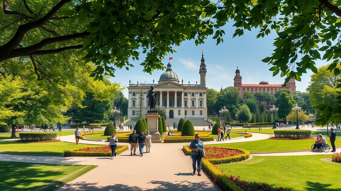Séta a Parco Sempione parkban Milánóban zöld tájjal és műemlékekkel.