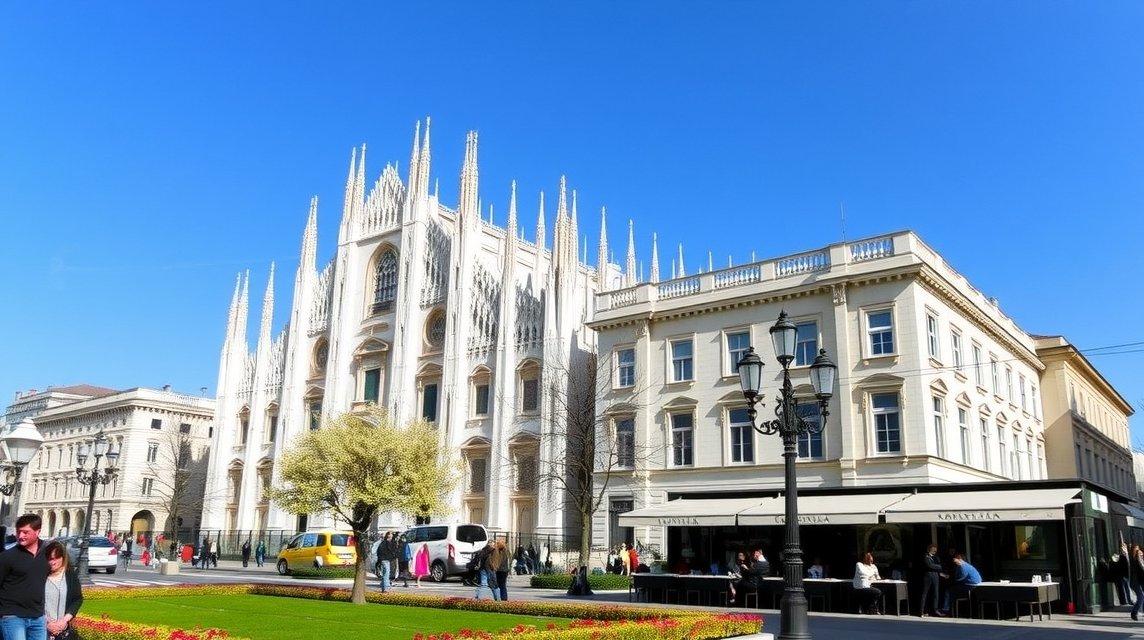 Milánói Dóm és éttermek egy napsütéses tavaszi napon
