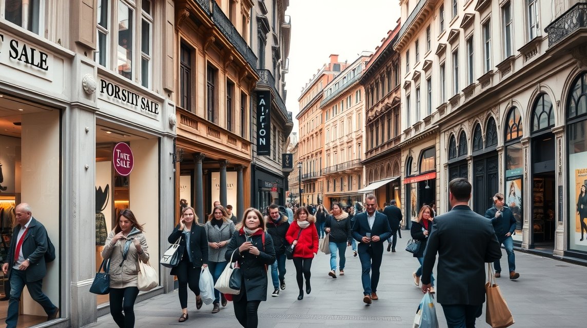 Milánói vásárlás különböző divatüzleteknél leárazások idején.